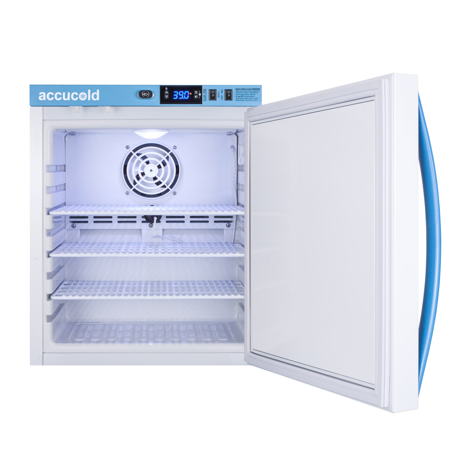 Purpose-built all-refrigerator for breast milk storage with 2 adjustable shelves, antimicrobial silver-ion handle, and a hospital grade cord with 'green dot' plug